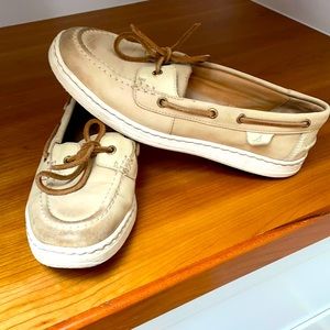 Beige and white Sperries